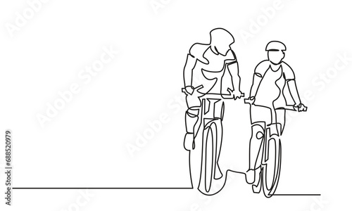 Continuous line drawing of Happy couples riding bicycles and cycling with a Healthy lifestyle.Romantic cycling couple single-line art of a classic bicycle isolated on a white background.
