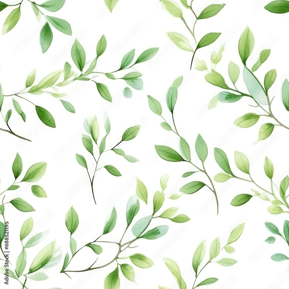 Seamless pattern of watercolor leaves on white background