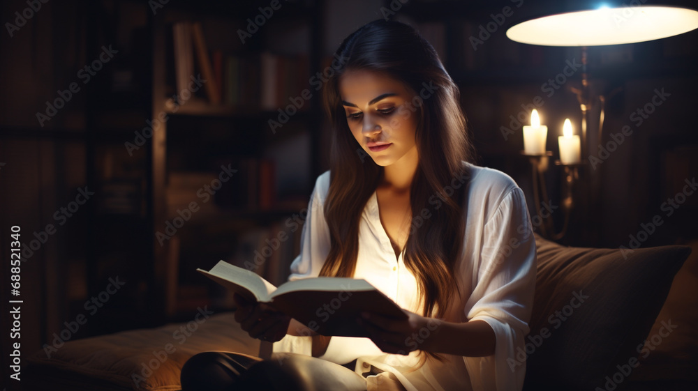 A woman engrossed in reading a book in a dimly lit room A woman engrossed in reading a book in a dimly lit room