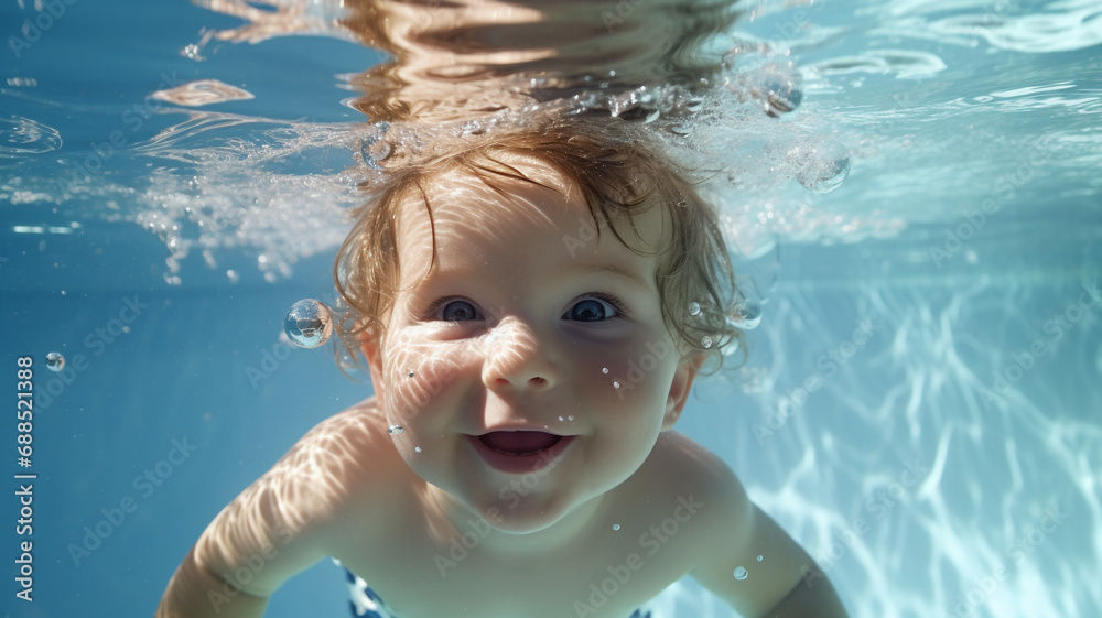 baby swimming underwater in the swimming pool