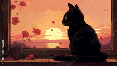 Illustration of a cat gazing out the window, evening time