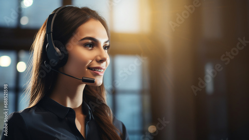 Female operator answering the phone, call center, customer support in office photo