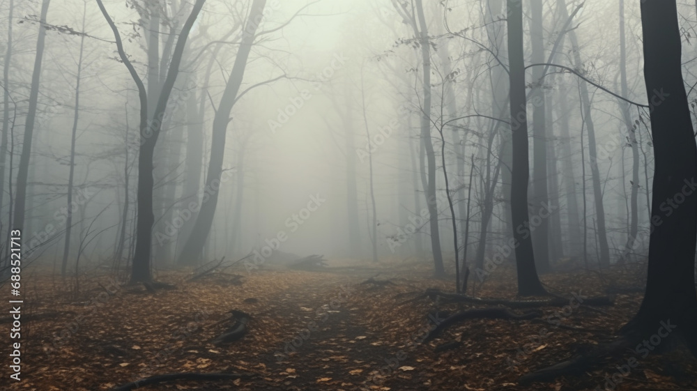 Fototapeta premium landscape mystical white fog in the autumn depressive forest