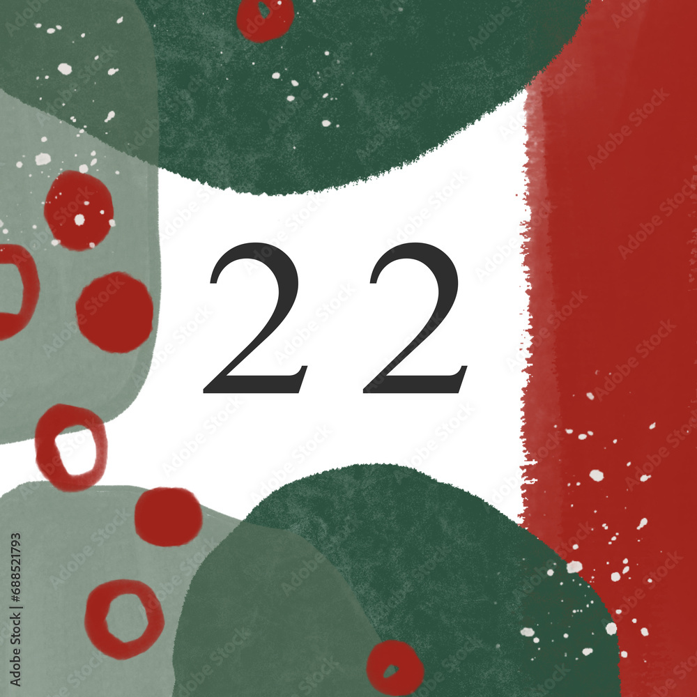Fototapeta premium Abstract modern art Christmas advent calendar. Holiday number. Green red colors. Hand drawn.