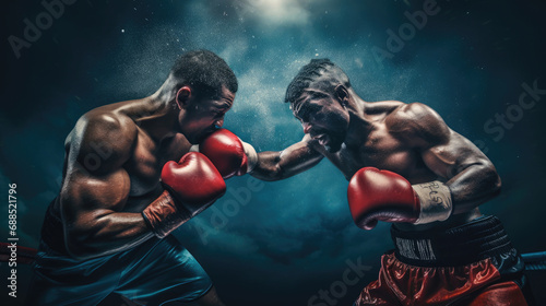 Two boxers exchange punches vibrant gloves ring © javier