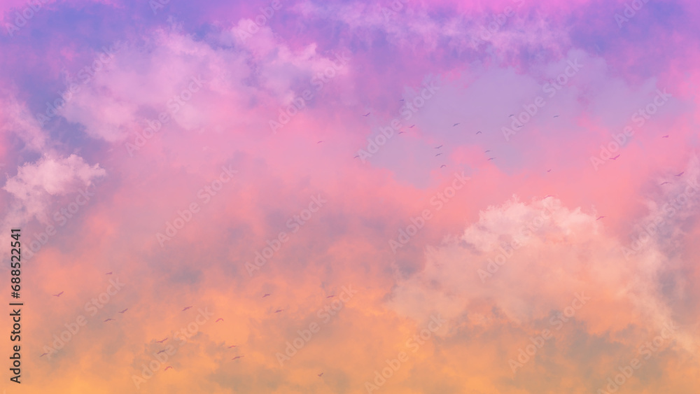 Colorful Sky with Flying Birds Background Wallpaper - Anime Style Watercolor Painting