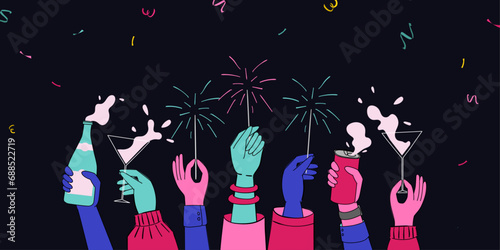 A Web Banner That Shows the Hands of a Diversity Group Cheering and Celebrating New Year by Playing Sparklers and Drinking Champagne on Confetti Background. 