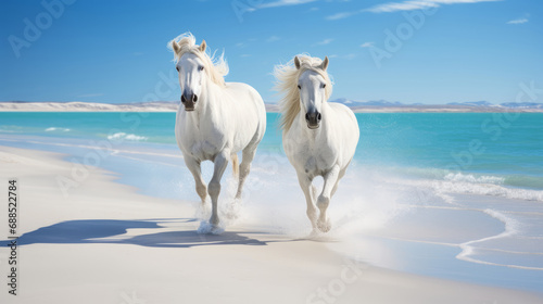 Incredible photography of white horses running on beach with sand