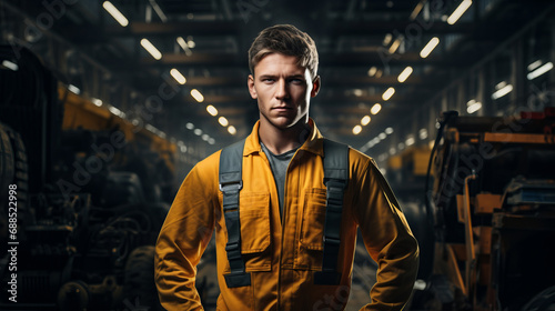 Industrial worker man in professional yellow clothes