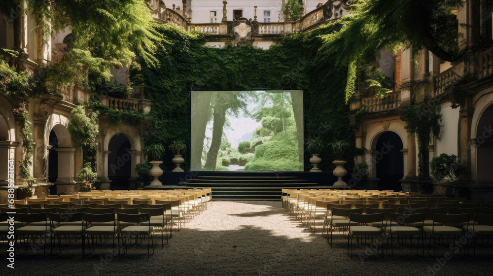 Palace courtyard cinema with ornate gardens