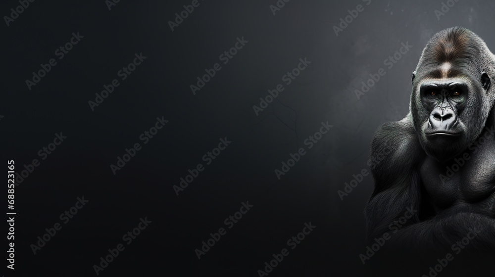 Front view of gorilla on gray background. Wild animals banner with copy space