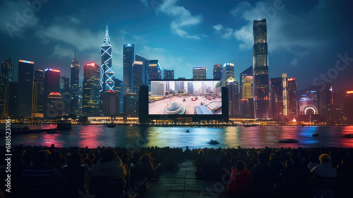 Cinema in sci-fi cityscape with technology
