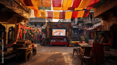Bazaar cinema with colorful stalls