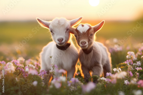 Adorable young goat and lamb on a green meadow, their curious look under the sunny sky. photo