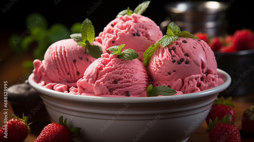 Savor the sweetness of Strawberry Ice Cream in this enticing shot. Generative ai. Savor the sweetness of Strawberry Ice Cream in this enticing shot. Generative ai.