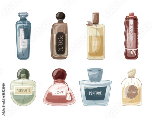 Collection of Glass elegant bottles of fragrant perfume. Vector set of cartoon eau de parfum.