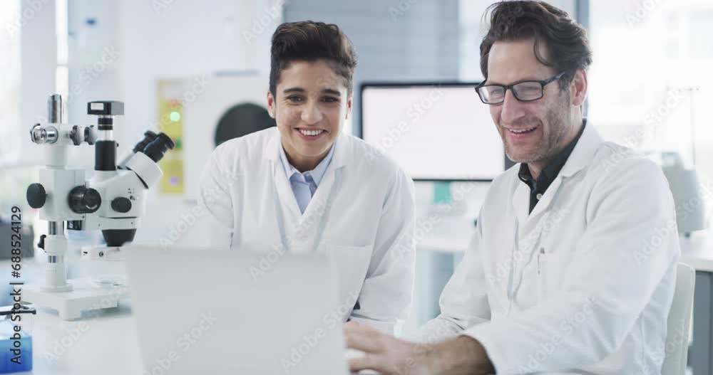 Scientist, man or woman with laughing in laboratory for comedy, joke or funny with laptop and hand gesture. Science, employee or people in lab with happiness, collaboration or investigation and comic Scientist, man or woman with laughing in laboratory for comedy, joke or funny with laptop and hand gesture. Science, employee or people in lab with happiness, collaboration or investigation and comic