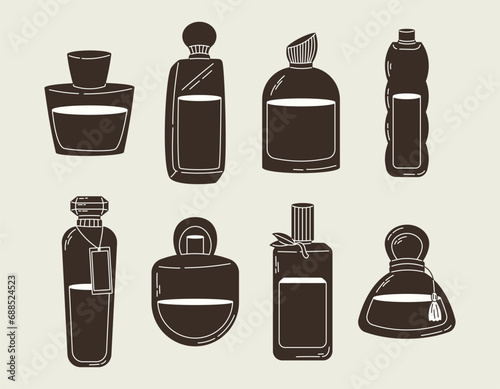 Collection of Glass elegant bottles of fragrant perfume. Vector set of eau de parfum icons.