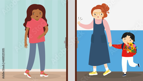 Mother helping her daughter to get out of the door. Vector illustration.