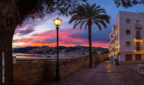 Sunset in the old town of Peniscola in Spain