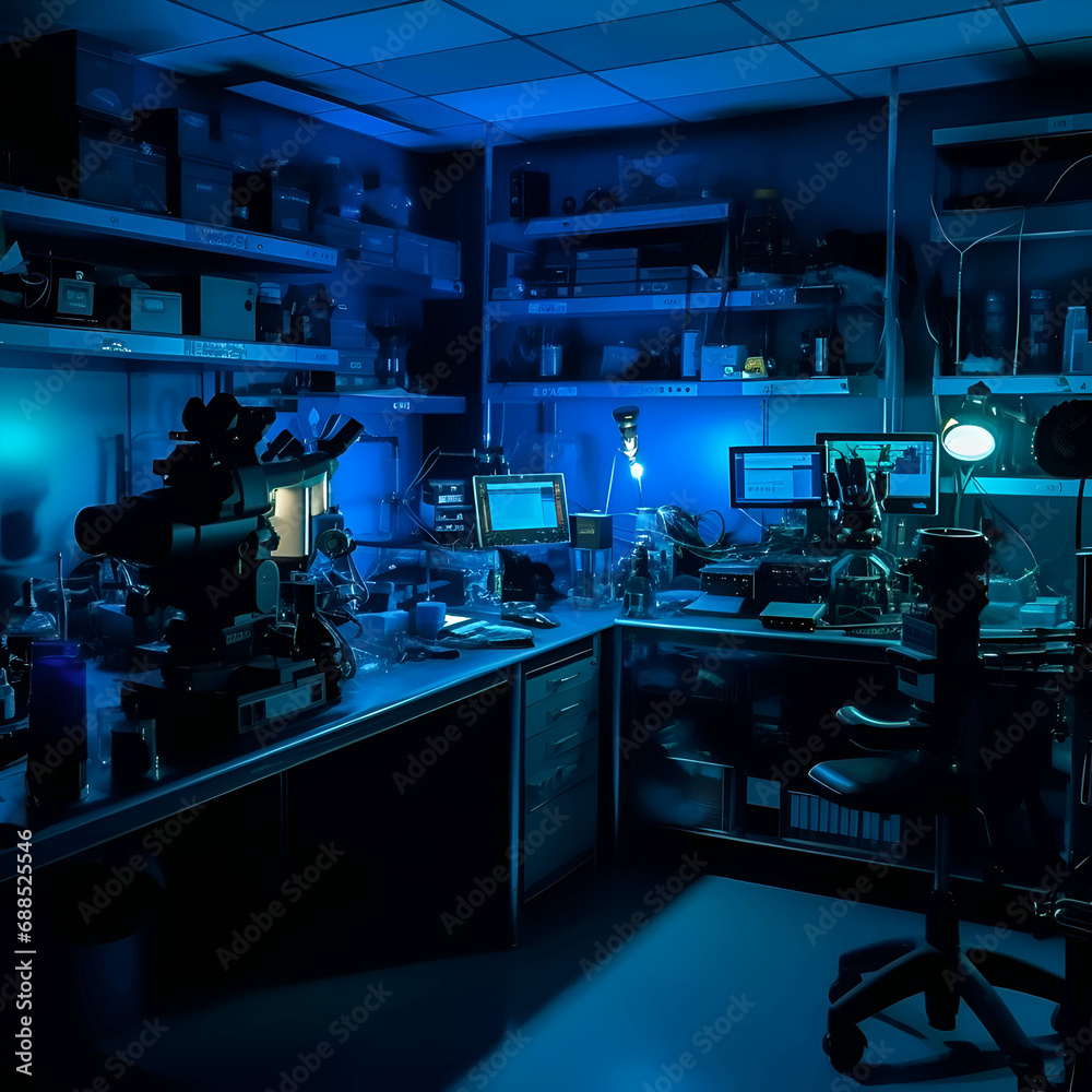 3d render of a scientific laboratory with microscope and diodes 3d render of a scientific laboratory with microscope and diodes