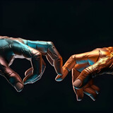 3d rendering of male and female hands touching each other over dark background