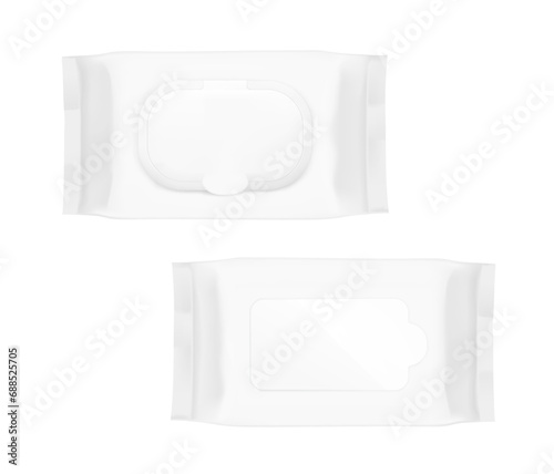 Wet wipes flow package mockups. Flat lay view. Realistic vector illustration isolated on white background. Easy to use for presentation your product, idea, design.  EPS10.