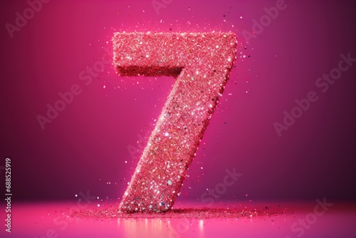 Pink glittering number seven. 7 Years Old. Seventh Birthday Celebration. Girls party. Girl celebrates. Special event. Anniversary of beauty company, women's business. photo