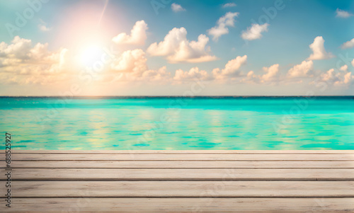 Empty wooden table, blurred summer sea background with copy space for your product © karandaev