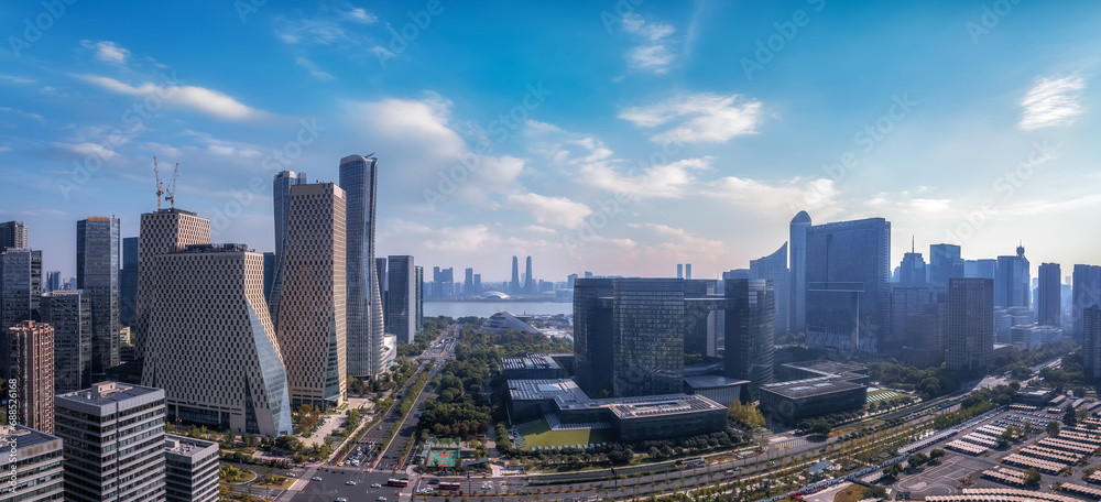 Aerial photography of urban landscapes on both sides of the Qiantang River in Hangzhou