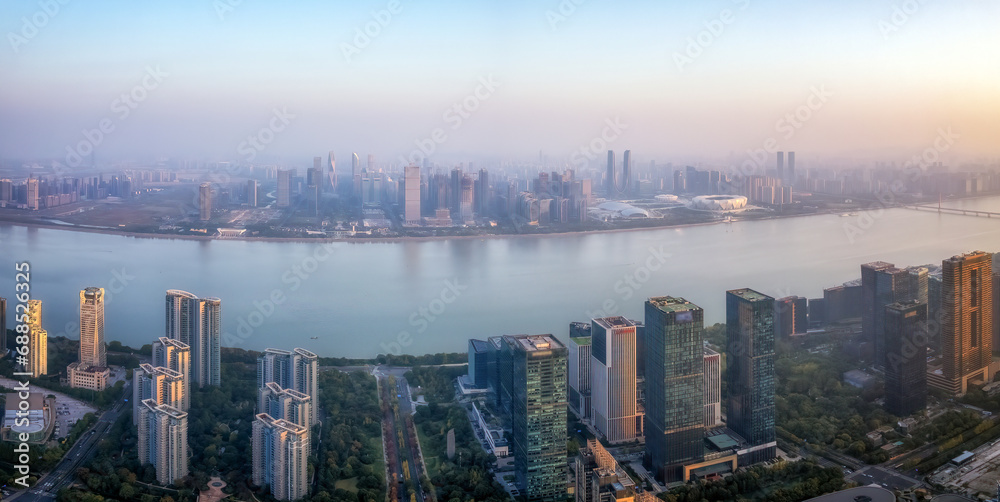 Aerial photography of urban landscapes on both sides of the Qiantang River in Hangzhou