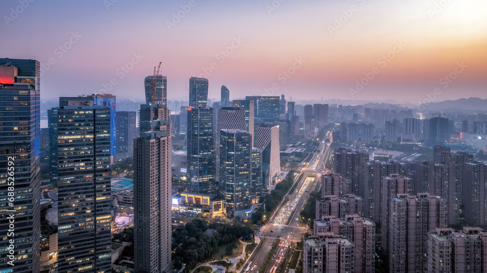Aerial photo of the night view of Hangzhou Qiantang River Financial Center..
