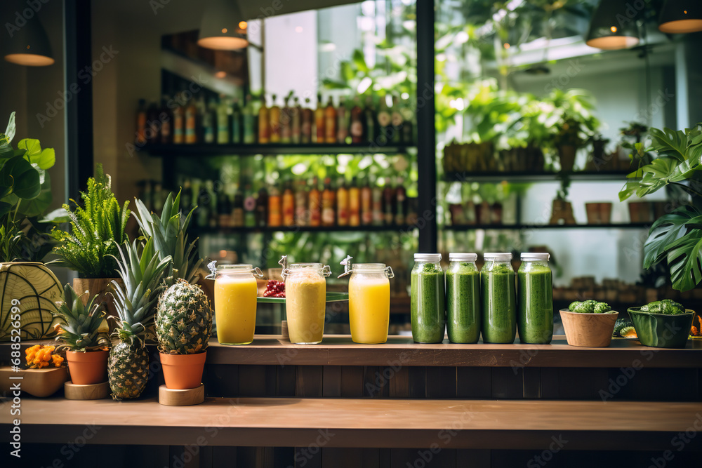 An organic juice bar located in a bustling city center, serving fresh