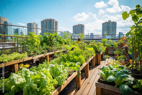  An urban rooftop garden where organic vegetables are grown, representing city farming, sustainable living, and access to local green space.  © Davivd