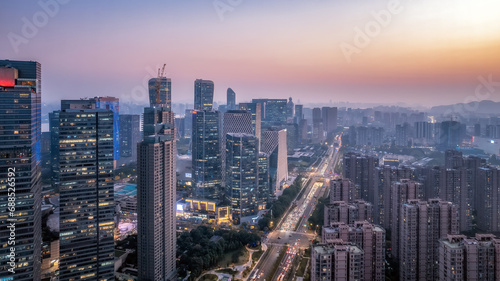 Aerial photo of the night view of Hangzhou Qiantang River Financial Center..