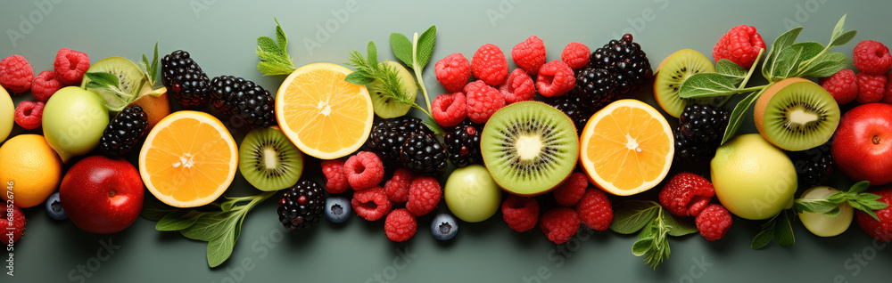 Banner from various fruits on green background, top view, creative flat layout. Concept of healthy eating, food background. Banner from various fruits on green background, top view, creative flat layout. Concept of healthy eating, food background.