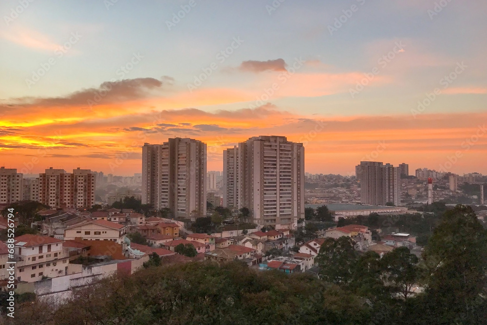 Aerial view with sunrise and buildings of the Vila Sonia residential neighborhood in the city of São Paulo