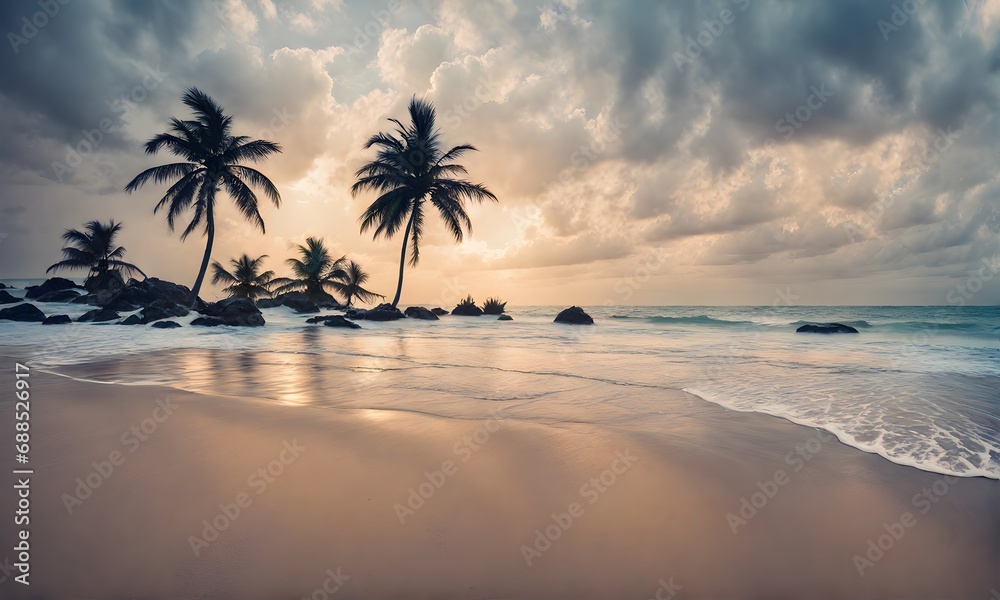 Tropical paradise: Beach, palms, and sea view