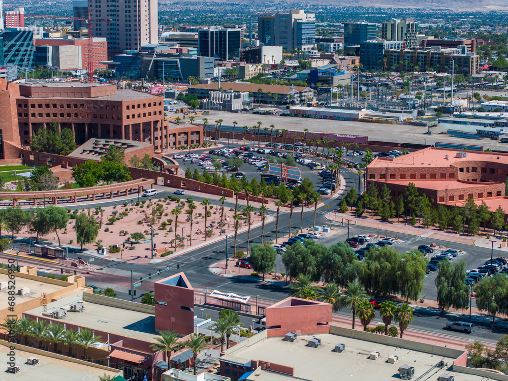 Aerial view of a bustling urban landscape in the USA, featuring a mix of modern and mid-century buildings in Las Vegas, USA.