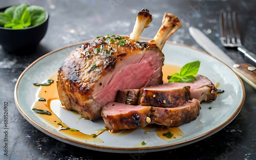 Capture the essence of Roast Lamb With Mint Sauce in a mouthwatering food photography shot Generative AI photo