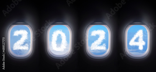 cloud 2024 outside the plane window, four airplane windows open white window shutter wide with blue sky view and white cloud in 2024 shape