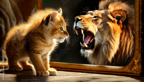 Face to face between a kitten and a lion roaring. Close-up of a cute kitten looking in the mirror, in the mirror the head of a roaring lion.