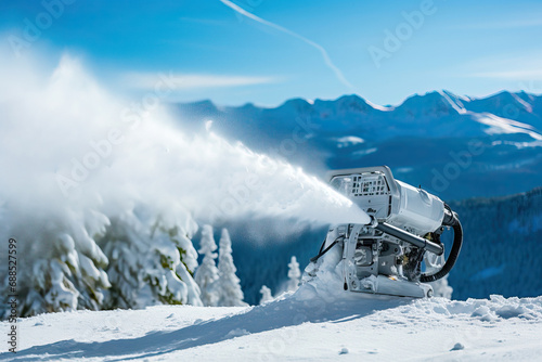 Snow cannon creating artificial snow on a ski slope photo