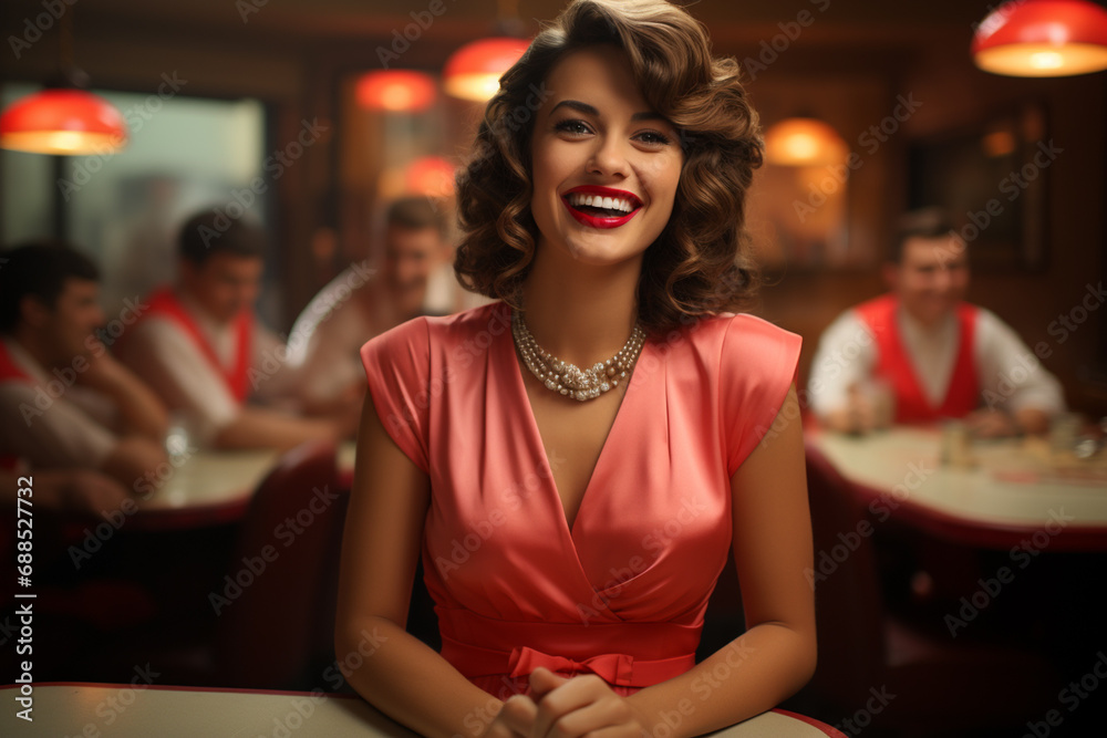 Portrait of beautiful woman in 1950s diner Portrait of beautiful woman in 1950s diner
