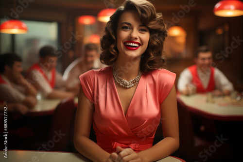 Portrait of beautiful woman in 1950s diner