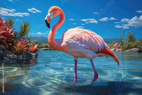 Pink flamingo standing in the water
