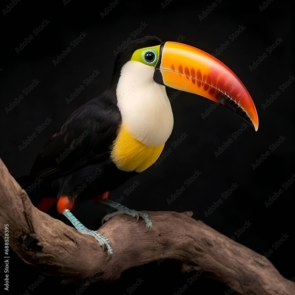 Naklejka premium Toucan sitting on a branch in front of a black background