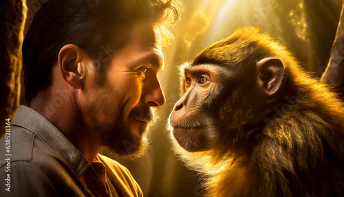 Face to face between a monkey and a man. Close-up of a man with a beard and mustache and a monkey, seen in profile looking at each other and comparing. photo