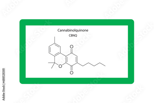 CBNQ - Cannabinolquinone molecular skeletal structure. Cannabinoid chemical structure vector illustration on green background.