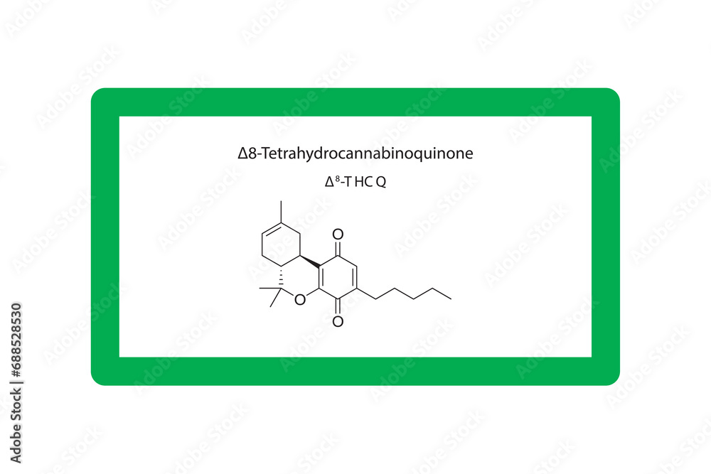 Fototapeta premium Δ8-THCQ - Δ8-Tetrahydrocannabinoquinone molecular skeletal structure. Cannabinoid chemical structure vector illustration on green background.